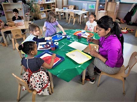 children at a table with teacher doing crafts